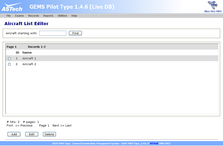 GEMS Pilot Type Aircraft Editor